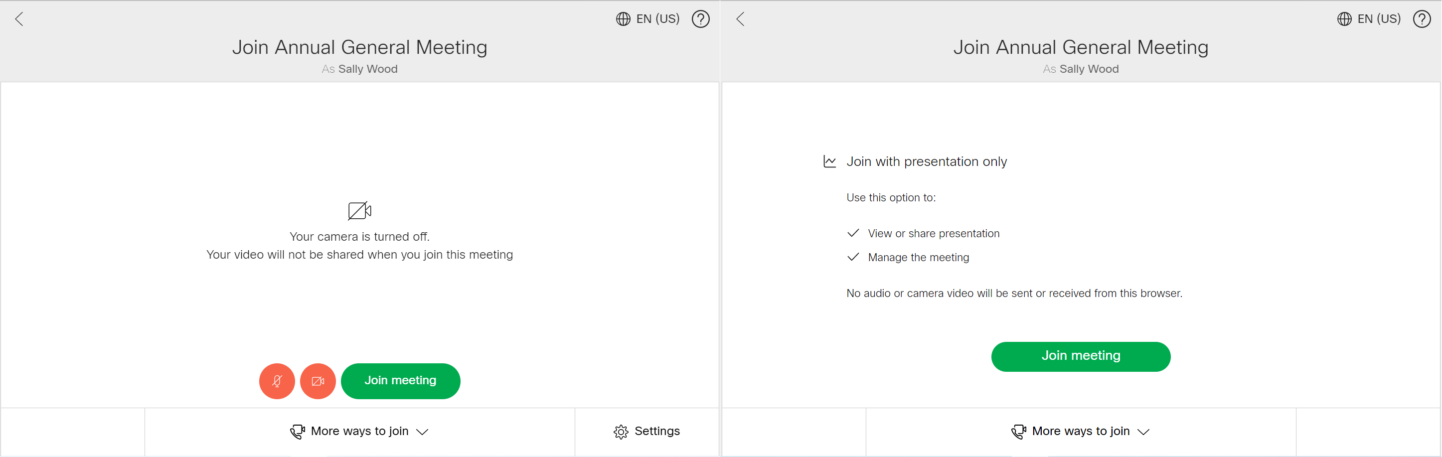 Join method screen before joining the meeting